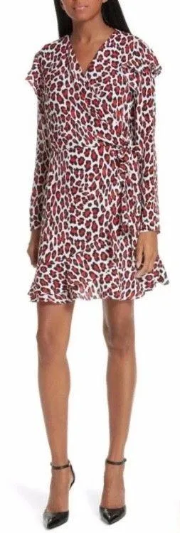 Robert Rodriguez Leopard Lena Wrap Dress White Black Red Long Sleeve Tie Ruffle - Image 1