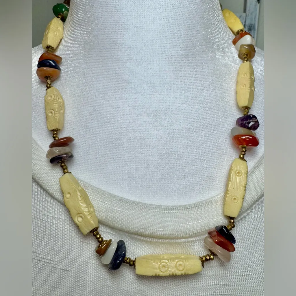 1970s MIRIAM HASKELL VINTAGE GOLDTONE ASSORTED GEMSTONE 28” NECKLACE Gold - Image 3
