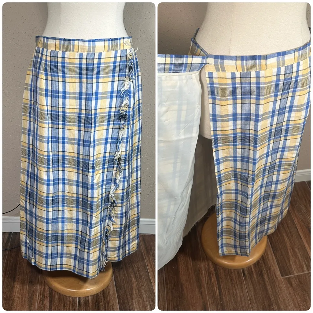 VTG Talbots Tartan Plaid Yellow Blue Fringe True Wrap Maxi Skirt Women's Size 16 - Image 2