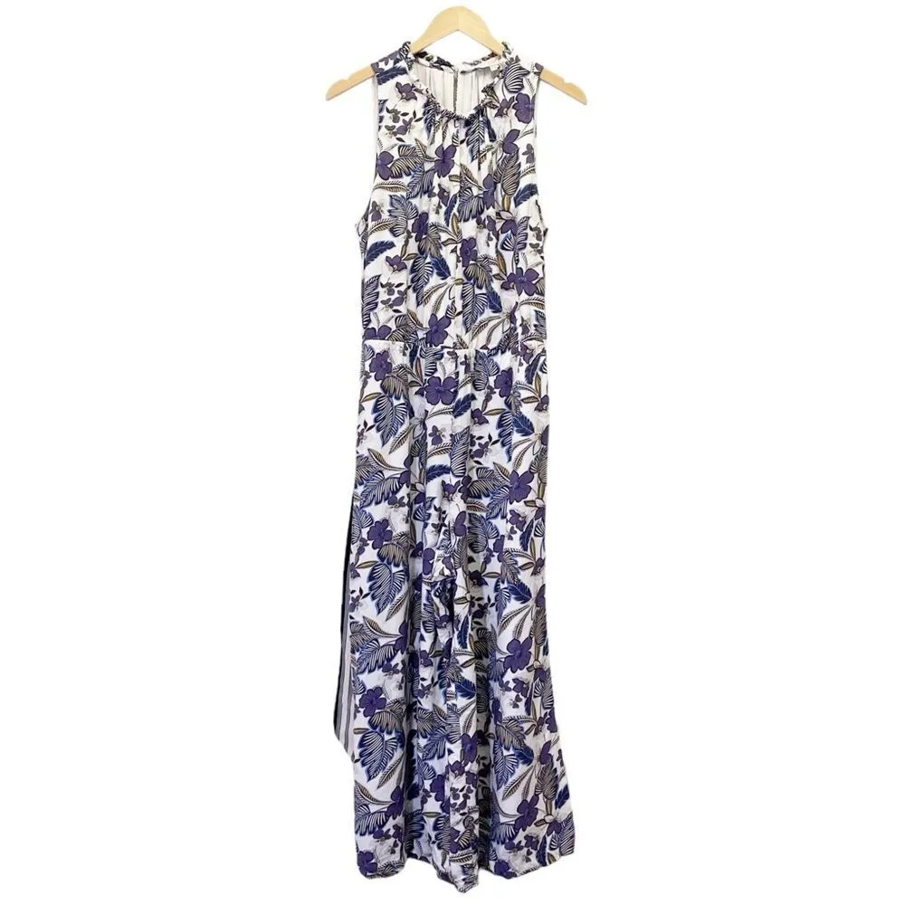 LOFT Floral Wide Leg Sleeveless Belted Jumpsuit Tropical Ivory Purple Size Large - Image 6