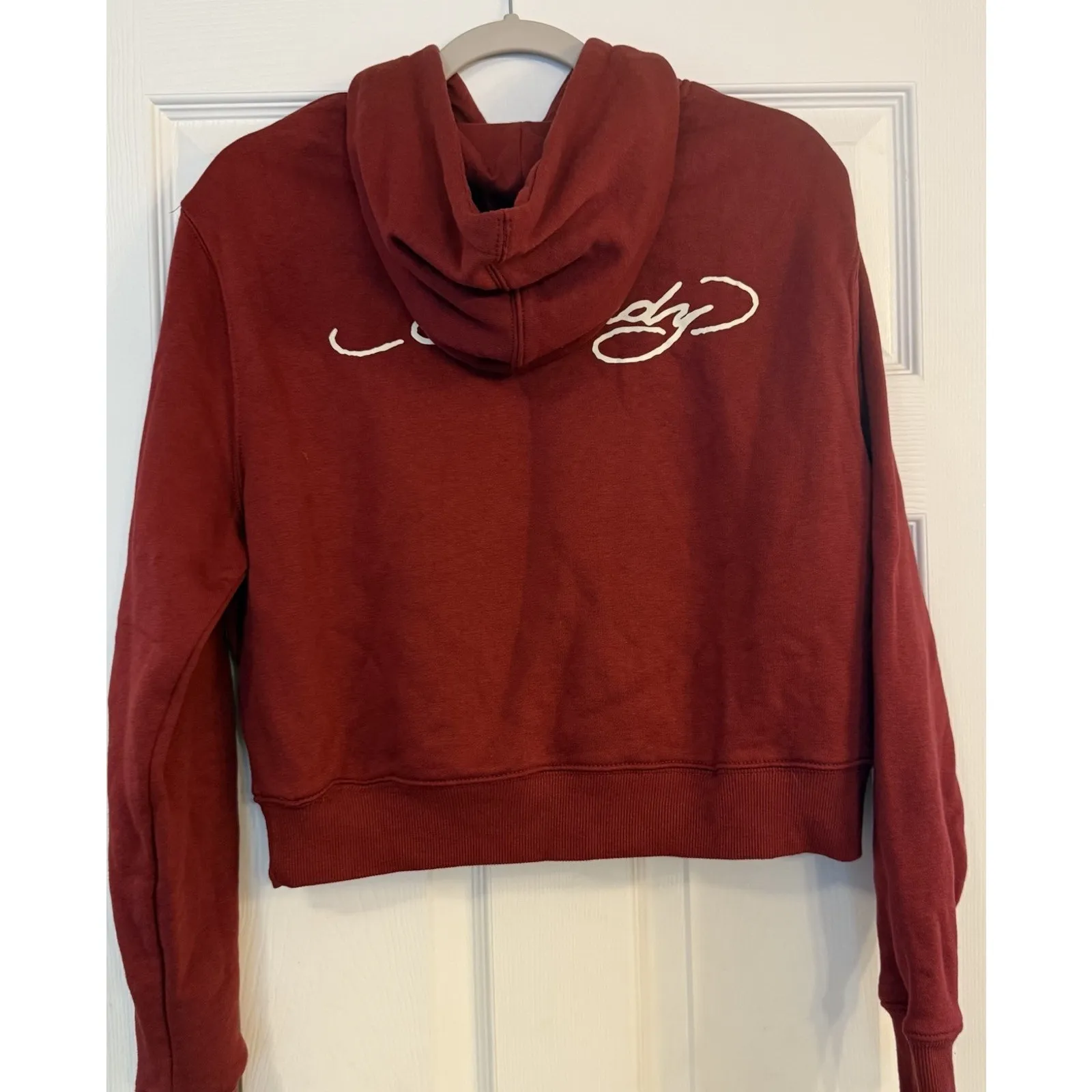 Ed Hardy Hoodie Koi Fish Cropped Women’s LG Brick Red Sleeve Spellout Y2K Skater - Image 4