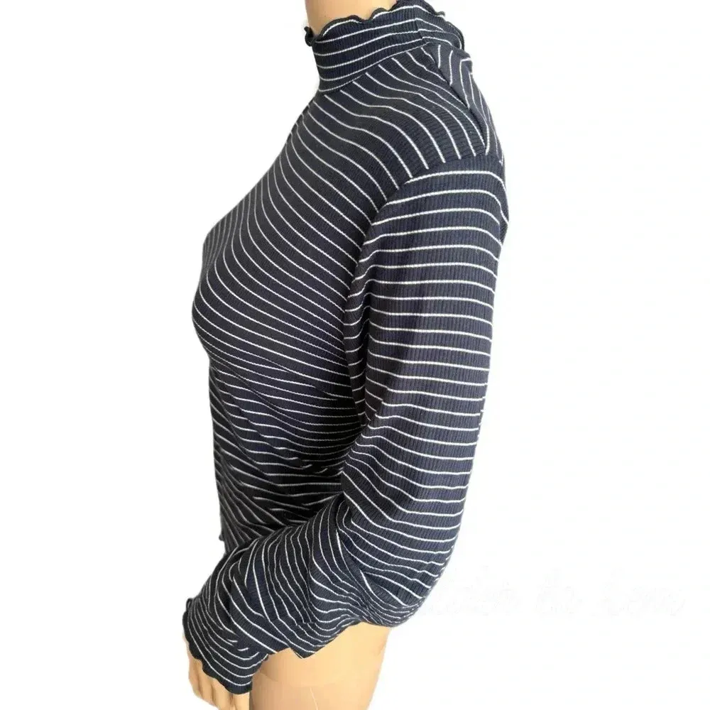 NWT Flag & Anthem Womens XL Boho Ruffle Navy Striped Top Mock Neck Long Sleeve - Image 8