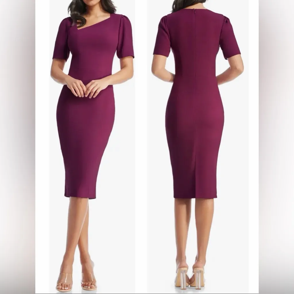 NEW Dress the Population Ruth Asymmetric Neck Midi Dress Dark Magenta Sz M - Image 2
