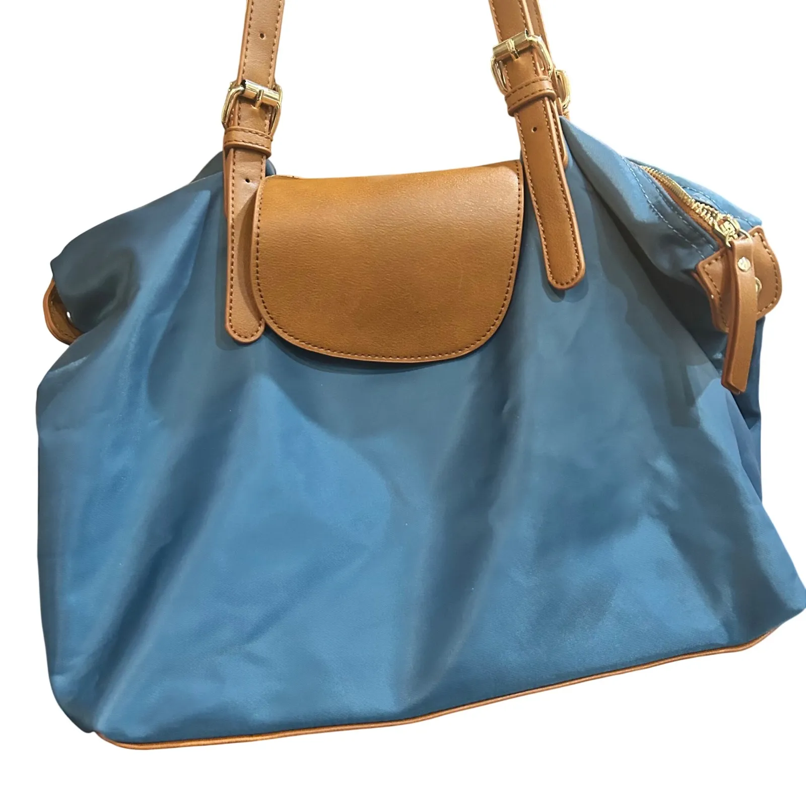 Blue Satchel Bag With Brown Leather Accents Shoulder‎ Handbag Purse - Image 2