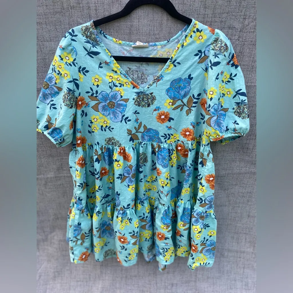 a.n.a Blue Turquoise Puff Sleeve V-Neck Sundress - Image 5