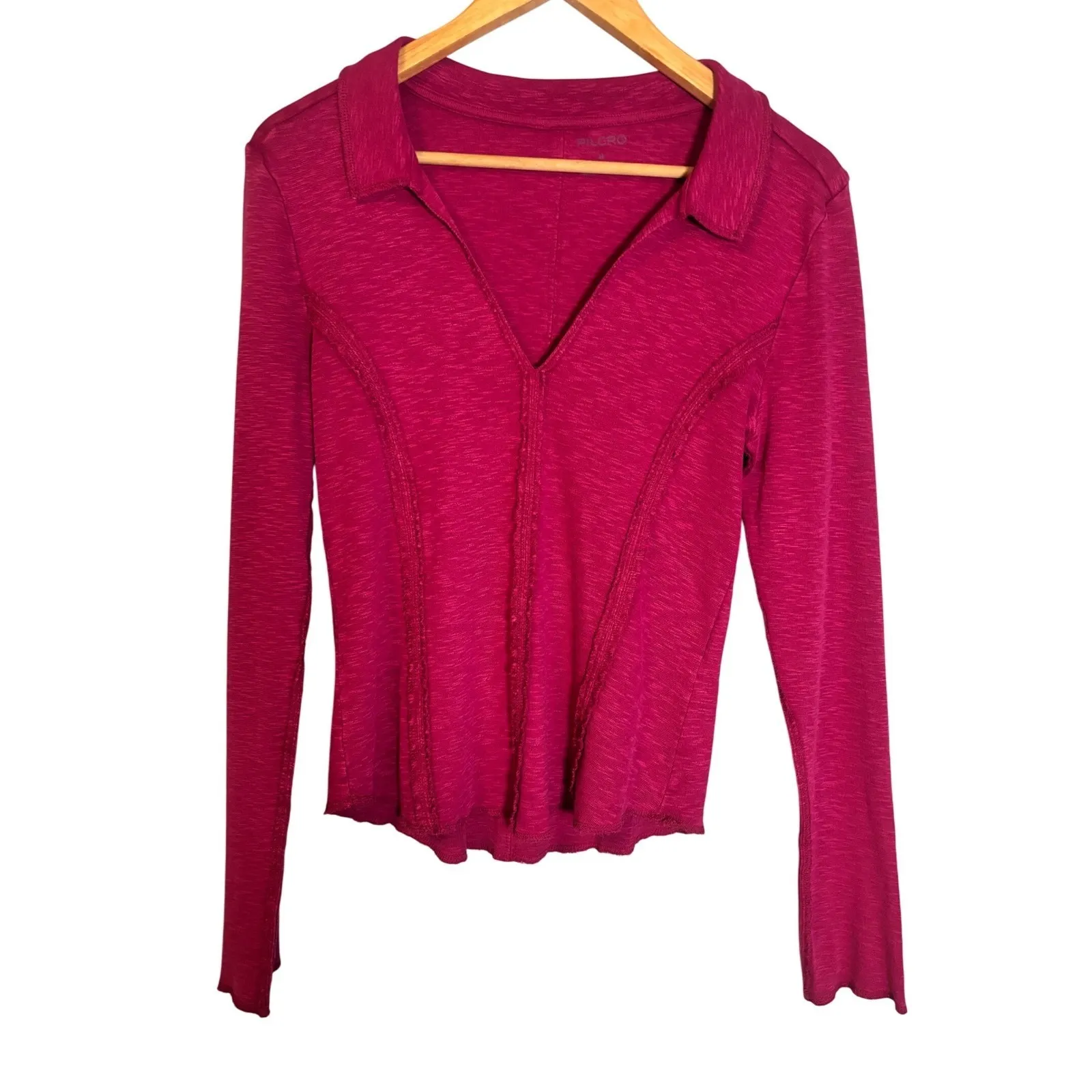 Anthropologie Pilcro Stitched Long Sleeve Collared Corset Top Pink Purple Medium - Image 2