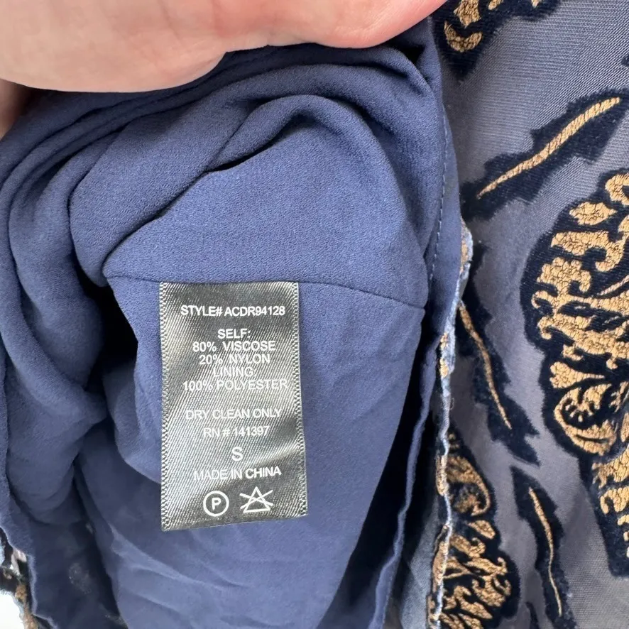 ASTR the Label Cold Shoulder Dress Womens Small Velvet Medallion Print Blue Gold - Image 12