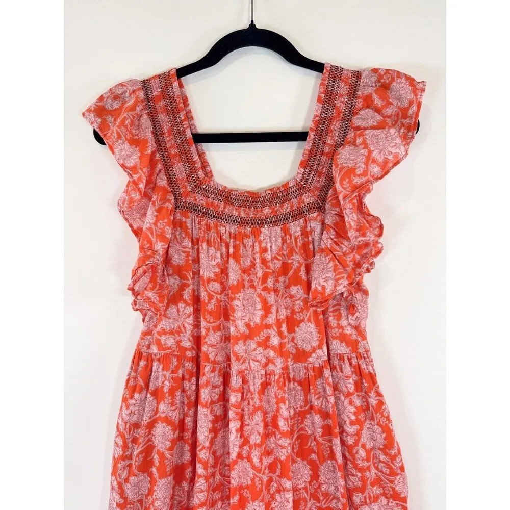 Free People Women Dress Red Bonita Printed Midi Flutter Square Neck Boho Size XS - Image 7