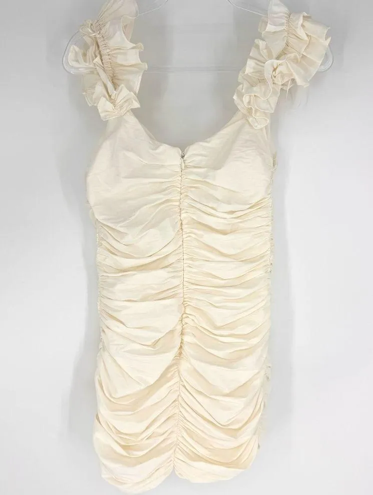 Zara Ruched Bodycon Mini Dress with Ruffle Straps Ivory White Size Medium NWT - Image 3