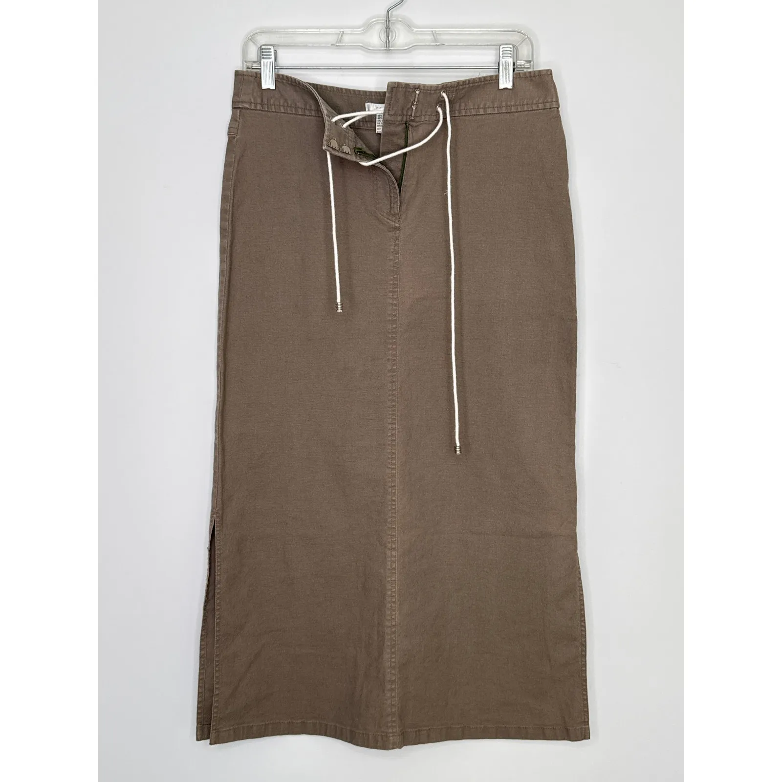 Co & Eddy Linen mix midi khaki skirt front tie side slits size 10 Tan Size M - Image 10
