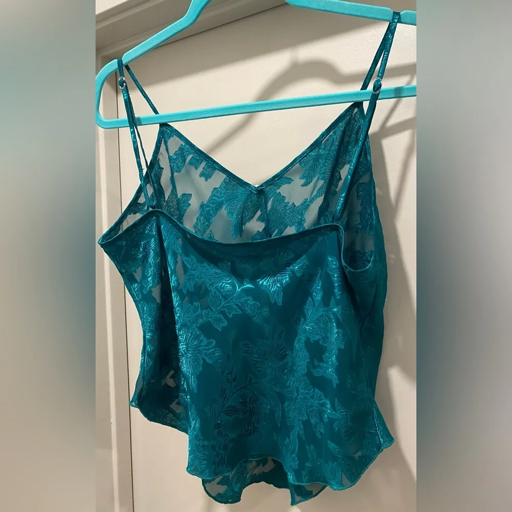 VTG 80s 90s Colesce Collection Lingerie Semi Sheer Green Floral Cropped Cami Top Blue Size L - Image 10