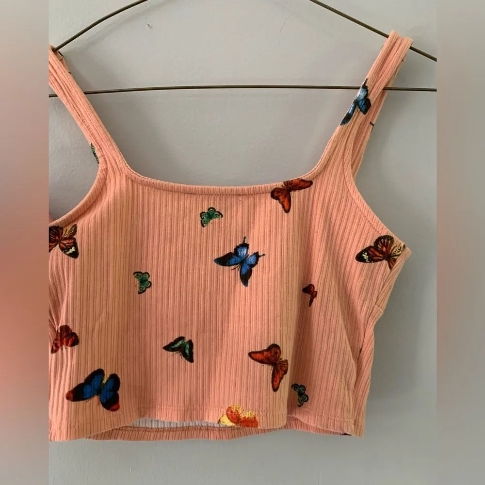 Butterfly Ribbed Cropped Festival Tank Top Peach Multi Color Size S - Image 5