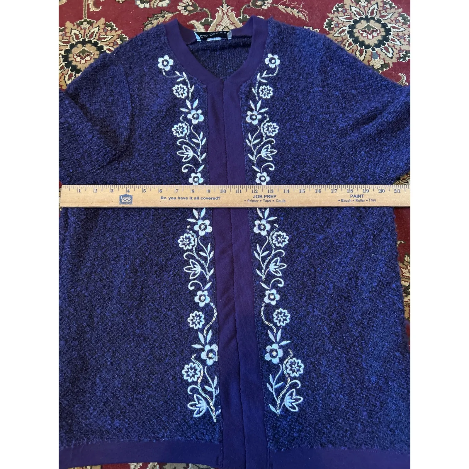 C.D. Daniels Embroidered Floral Cardigan Sweater Purple Boucle Knit pullover 2x - Image 5