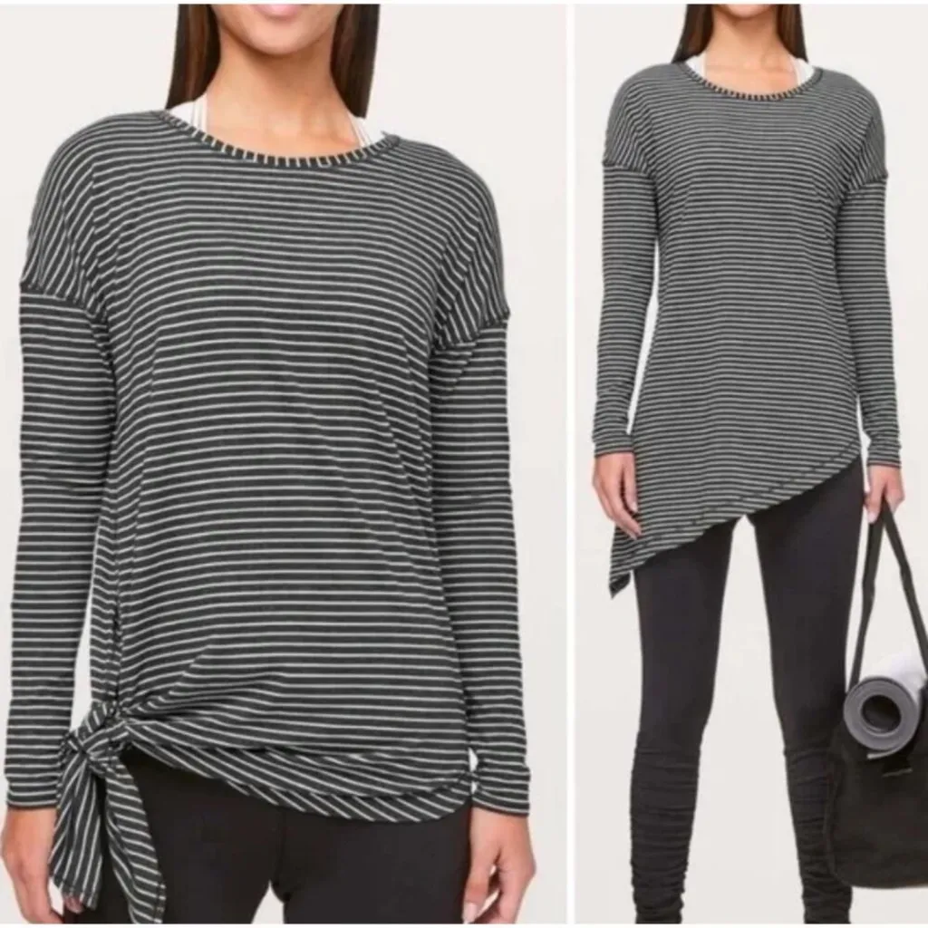 Lululemon To The Point Yoga Womens Gray Stripe Long Slv Tie Asymmetrical small - Image 2