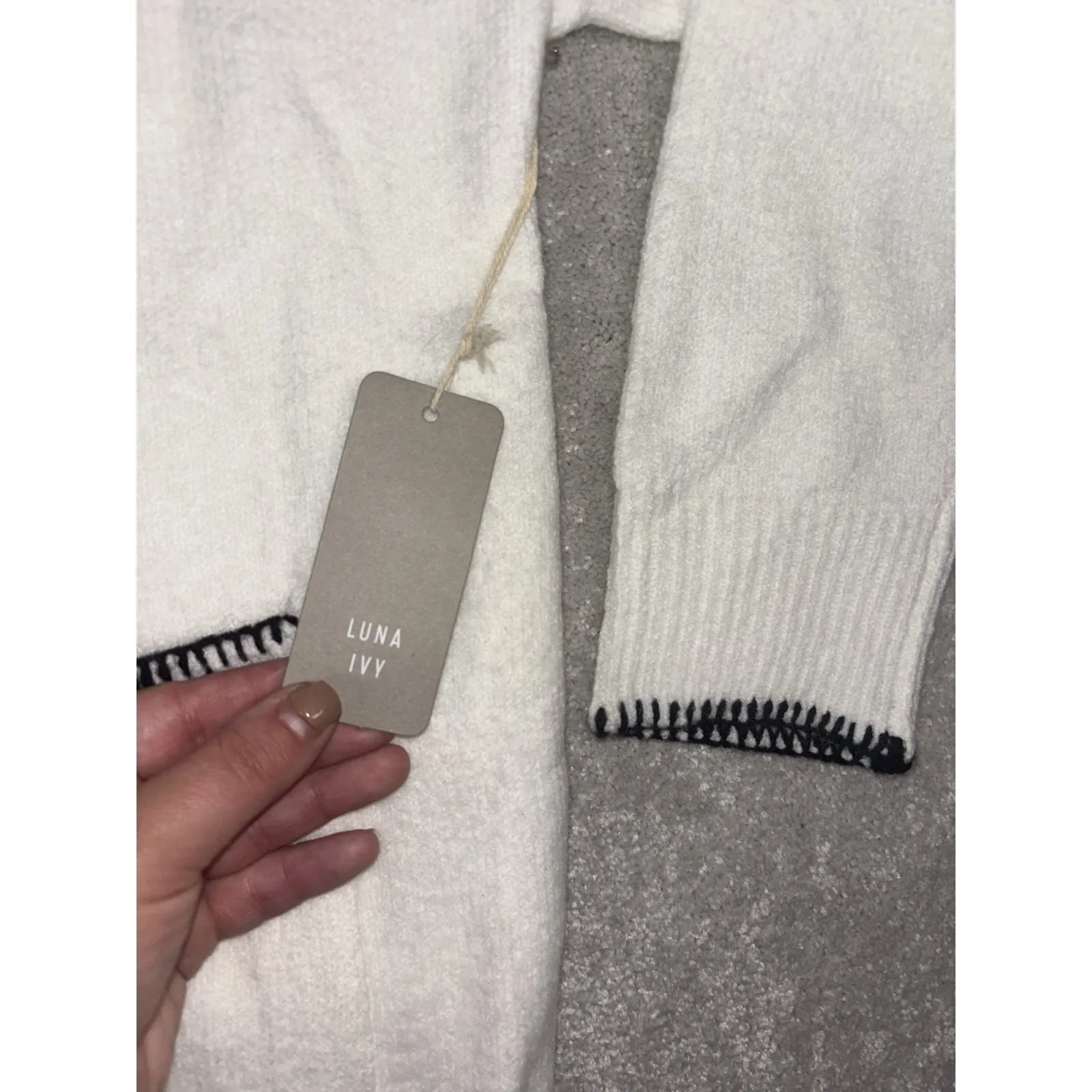 luna ivy Anthropologie sweater cardigan white black stitching m/l NWT - Image 5