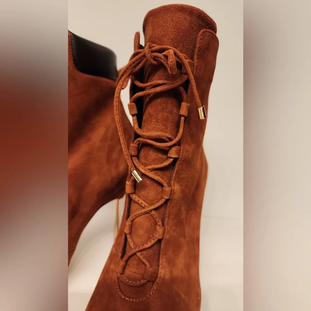 Good American Shoes Good American Brown Suede Booties Lace Up Stiletto Size 8.5 - Image 11