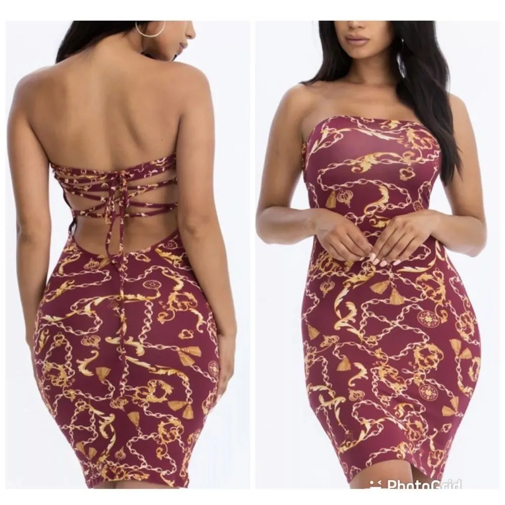 NWT capella New Burgundy Chain Print Criss Cross Back Dress L Gold Size L - Image 2