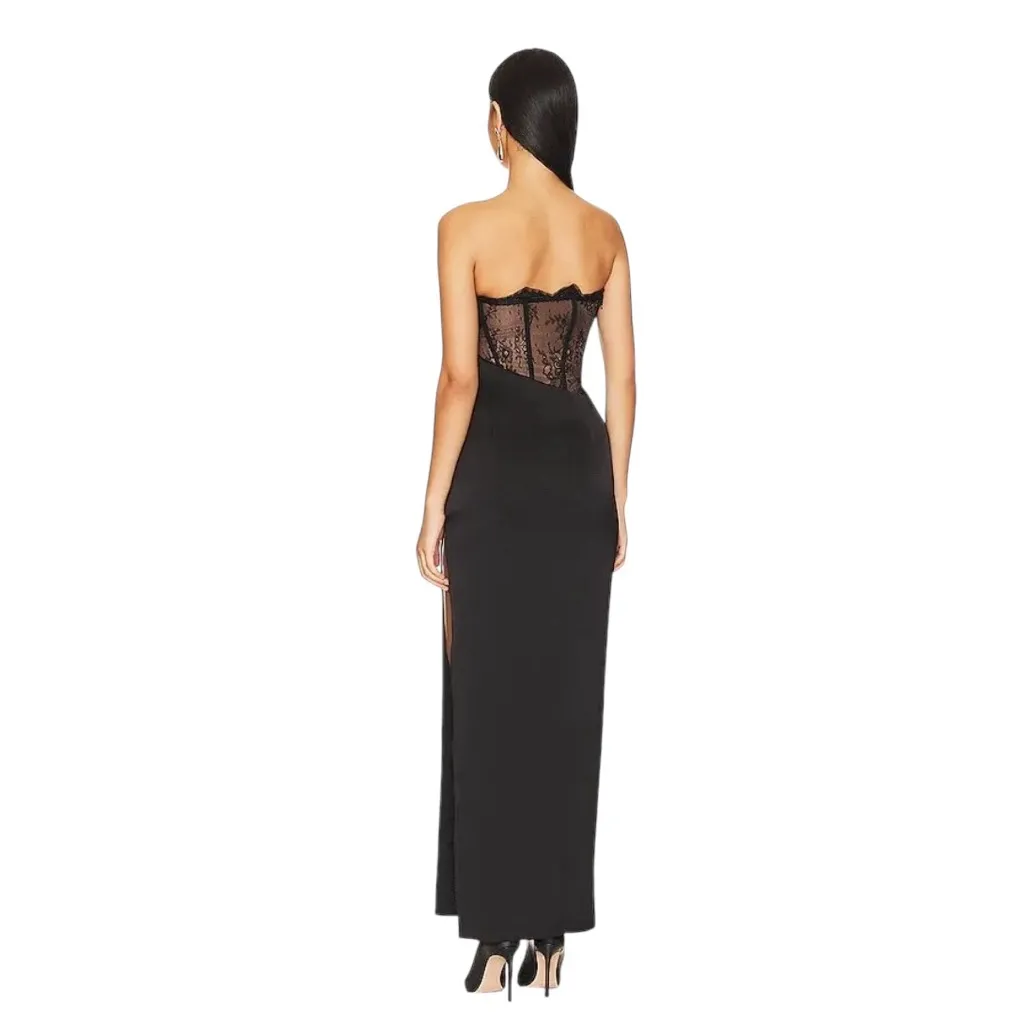 NBD x Revolve - Nalani Lace Tan and Black Strapless Bustier Maxi Gown Sz M - Image 4