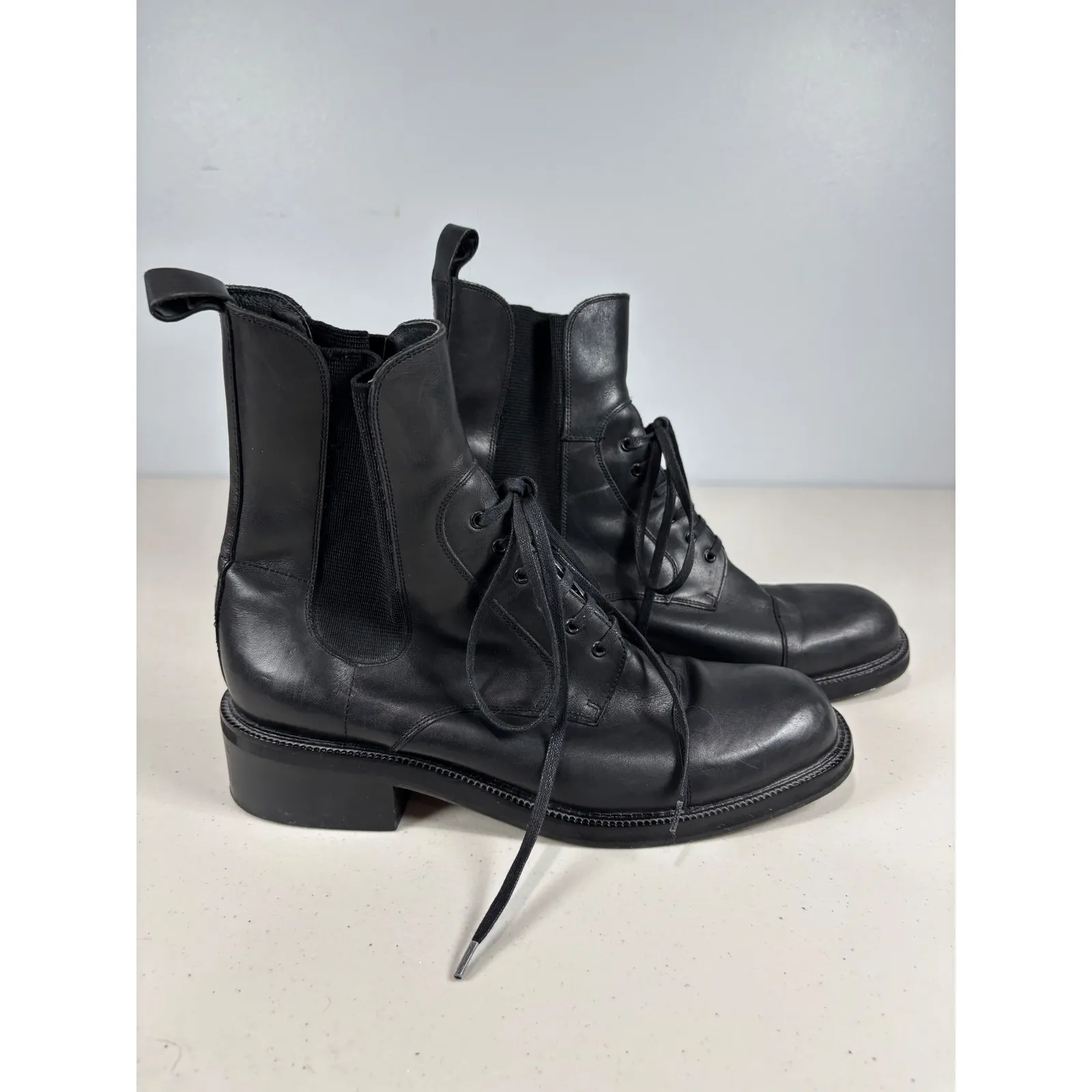 Charles David Black Combat Boots Women 10 Leather Stretch Lace Up Goth Emo $250 - Image 2