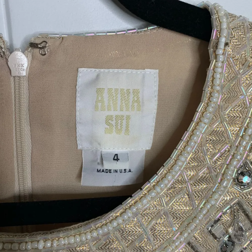 Anna Sui Lace Cocktail Dress Embellished Neckline Pearl Rhinestone Detail Size 4 - Image 4