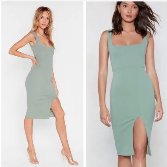 Nasty Gal Square Neck Bodycon Slit Midi Dress US 10 Sage Green Women’s NWT - Image 2