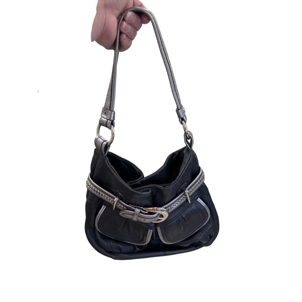 B. Makowsky Womens Black & Silver Leather Hobo Handbag Purse SKU 7813 Size M - Image 13