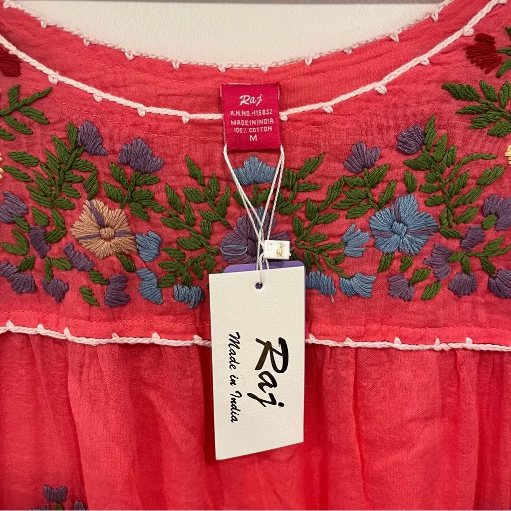 Raj Tunic Embroidered Coral Floral 100% Cotton Dress Sz M NWT Boho Cottagecore Pink Size M - Image 3