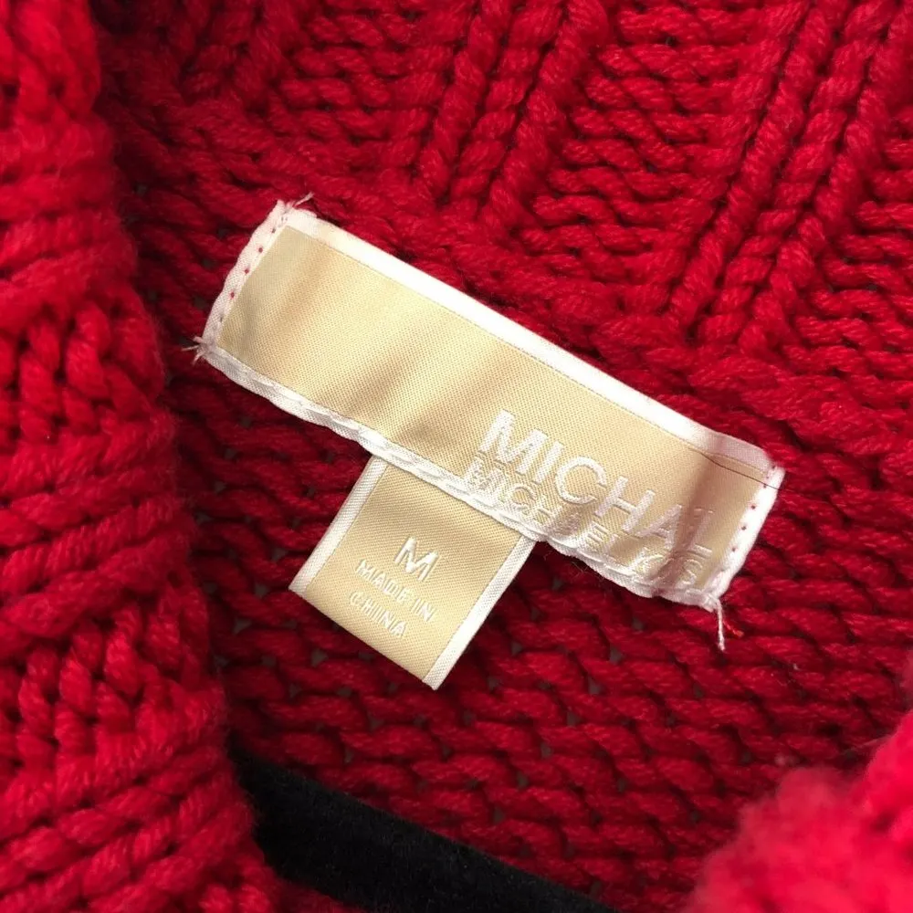 Michael Kors Womens Poncho Sweater Cowl Neck Chunky Knit Oversized Red M - Image 3