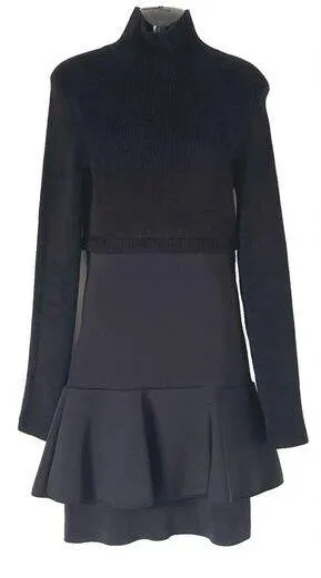 Issa London Black Heavy Ribbed Knit Long Sleeve Mini Dress Peplum Hem Medium - Image 2