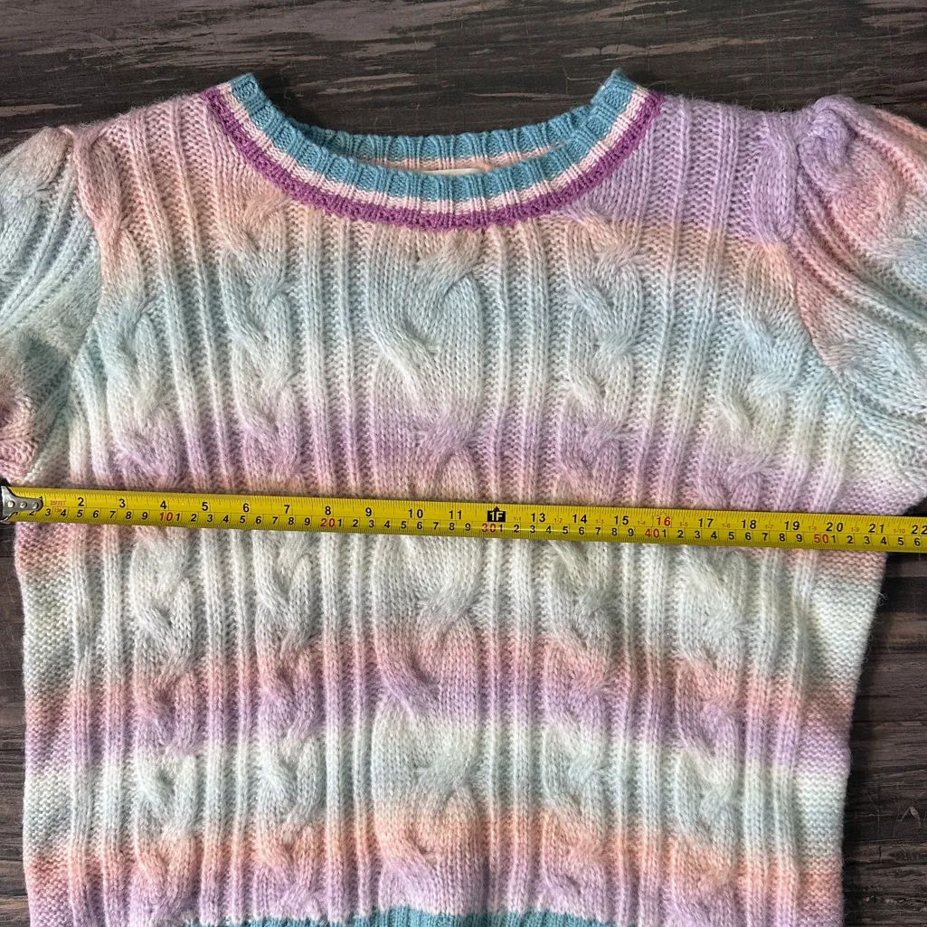 Karlie Multi Yarn Cable Rainbow Wool Blend , Puff Sleeve Sweater Sz L White Size L - Image 7