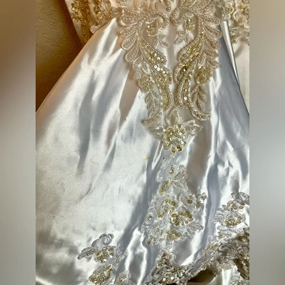 Vintage Mermaid Beaded Ling Sleeve Sheer Wedding Dress Size 10 Fringe White - Image 6