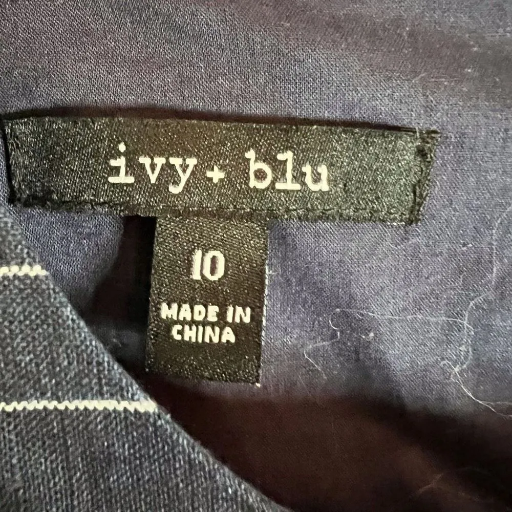 Ivy + Blue Womens Linen Pinstripe Knee Length Dress Blue White Size 10 Career‎ - Image 4