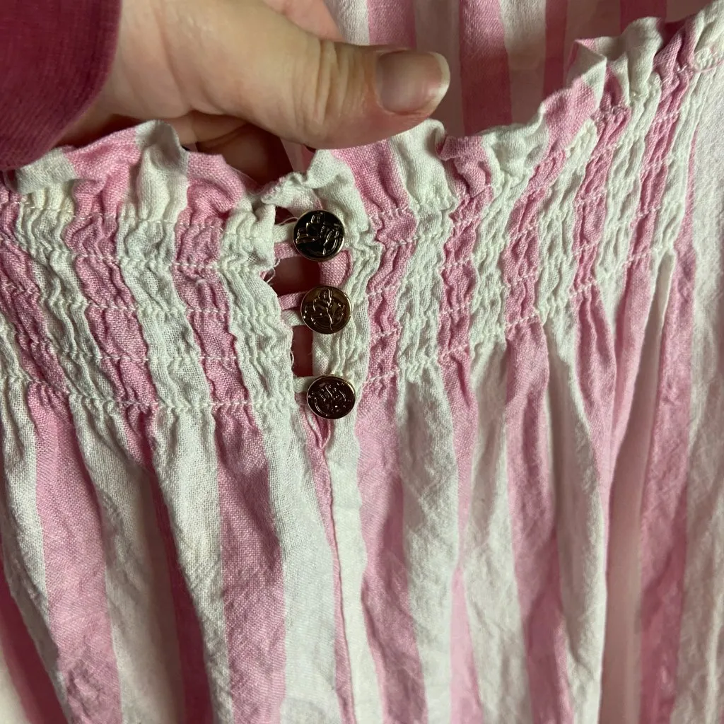 Draper James Size Xl Linen Cabana Pink White Stripe Ruffle Sleeve Blouse Top - Image 3