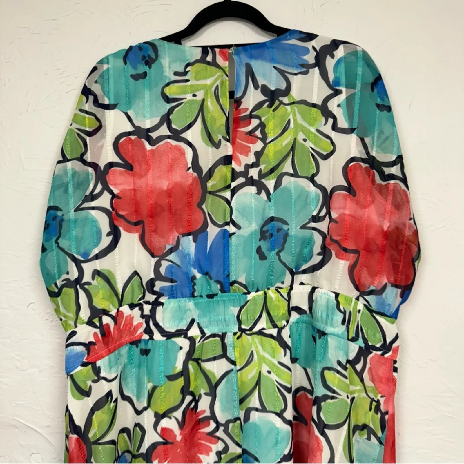 Maggy London Blue Red Floral Print Maxi Dress Womens 18W Boho Casual Eyelet - Image 3