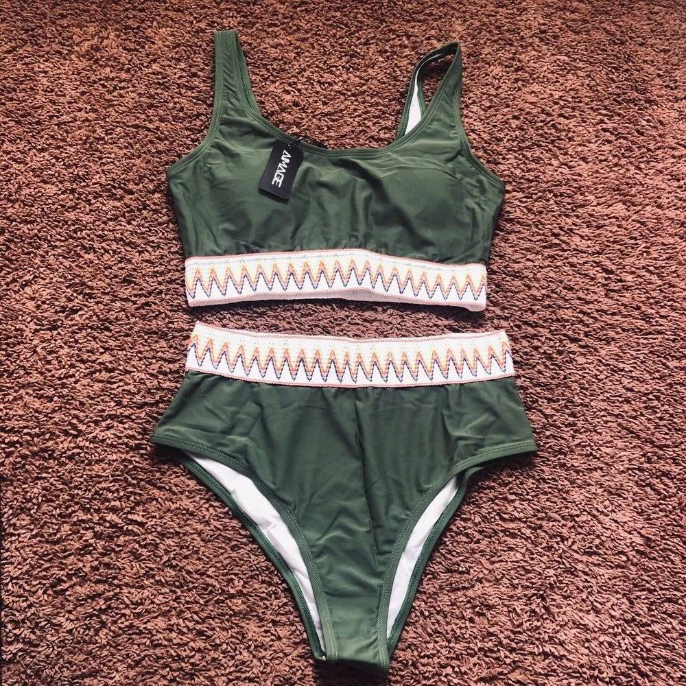 AI'MAGE Women's Bikini Sets High Waisted Two Piece Sporty Swimsuits Size Large Green - Image 2