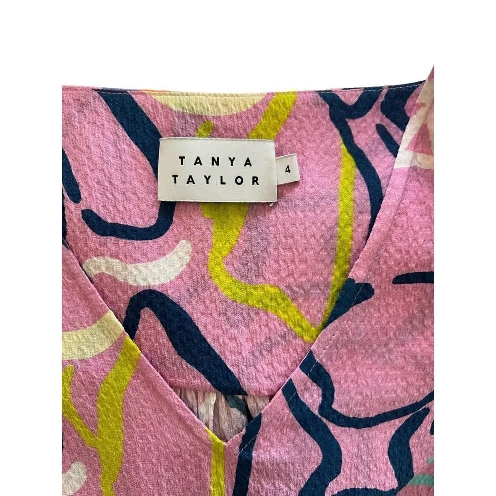 Tanya Taylor Pink Painted Floral Textured Silk 3/4 Sleeve V Neck Blouse Size 4 - Image 3