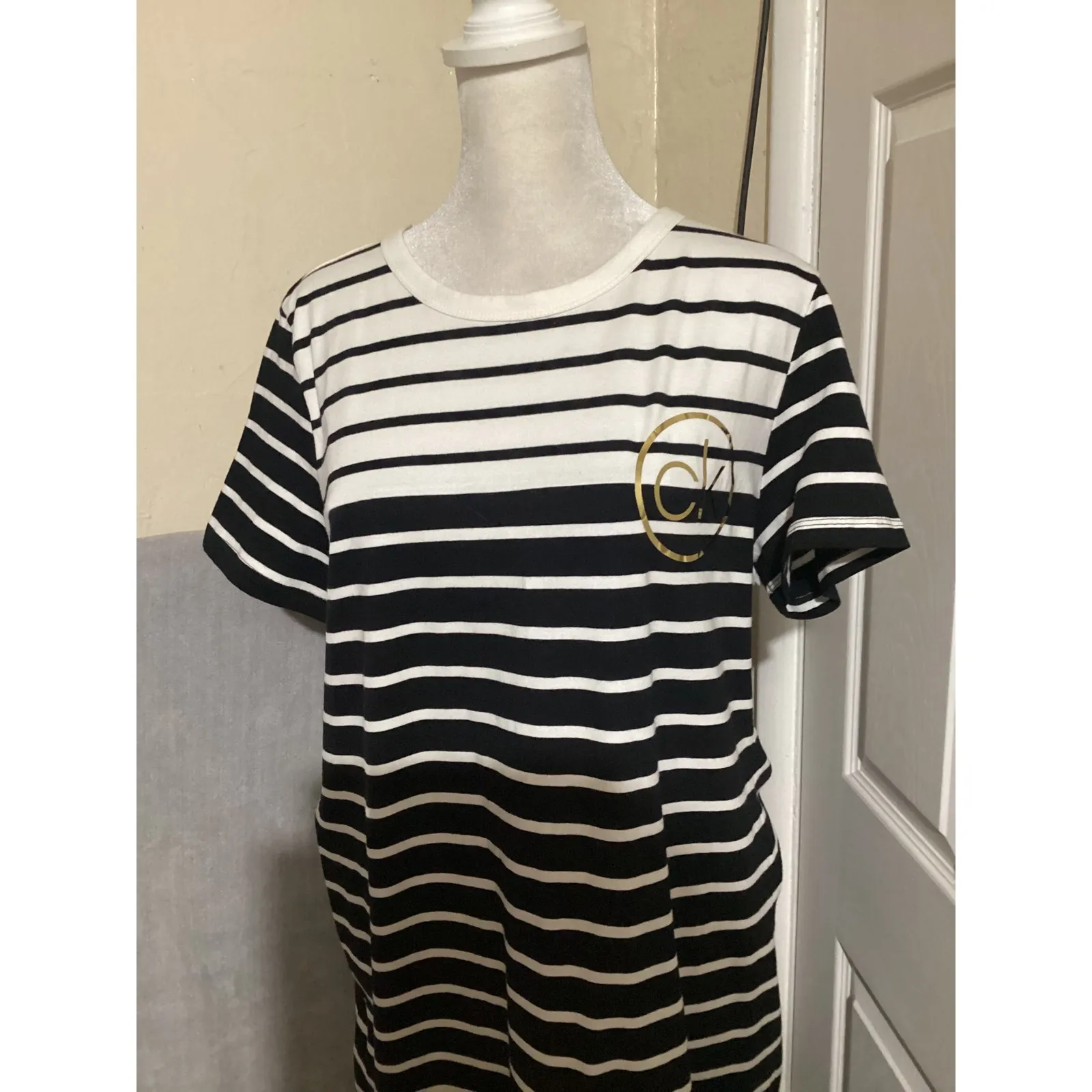 Calvin Klein Women Striped T Shirt Dress Black White Gold Logo Casual Midi - Image 2