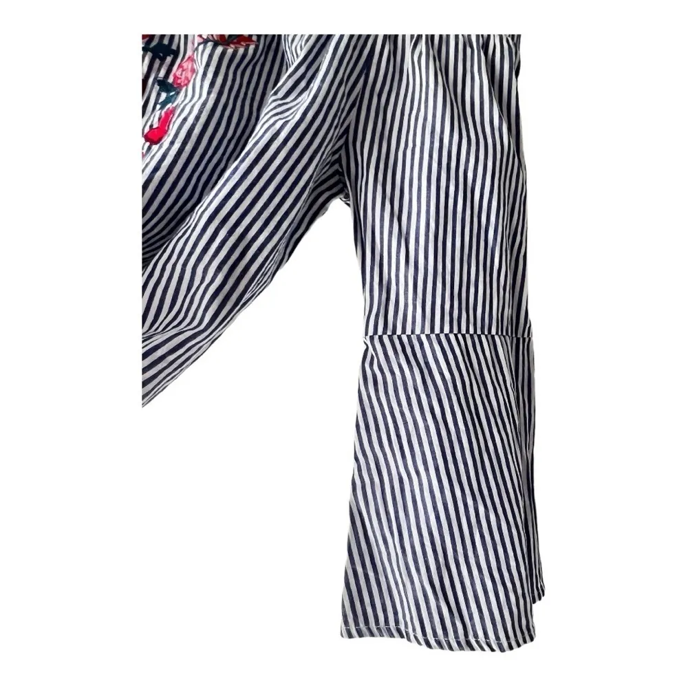 Women’s Blue Rain Tops  Blue Rain Pin Striped Bell Sleeve Off Shoulder size S. - Image 4