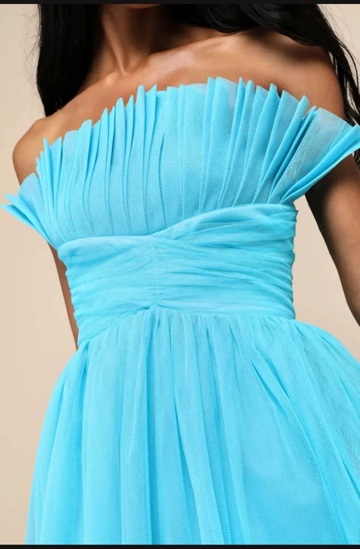 Undeniably Iconic Teal Blue Tuelle Pleated Strapless Maxi Dress - Image 3