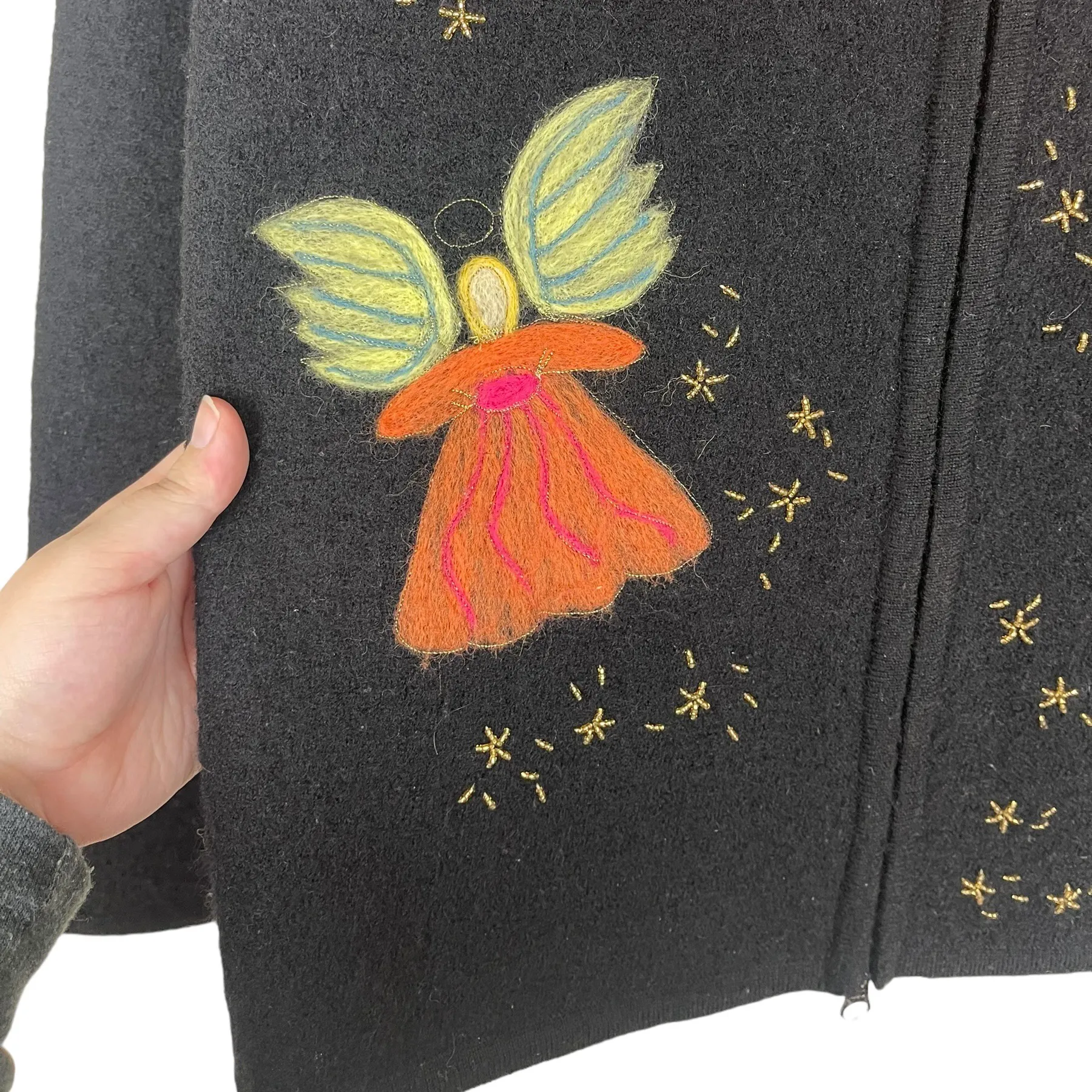 Talbots Vintage  Women’s Medium 100% Wool Cardigan Black Felted Angels Gold Beads - Image 5