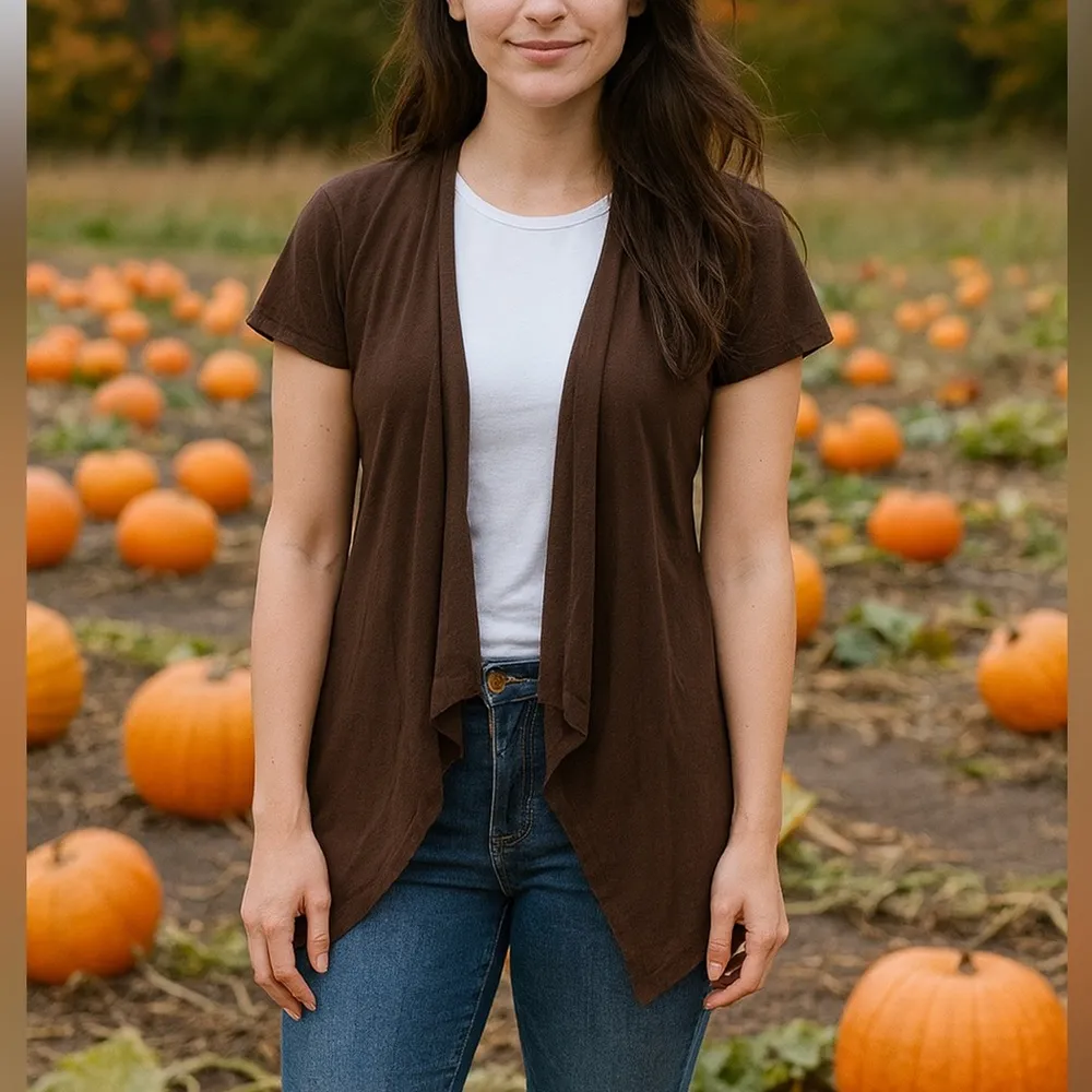 Michael Kors Brown Open Front, Short Sleeve Cardigan - Image 2