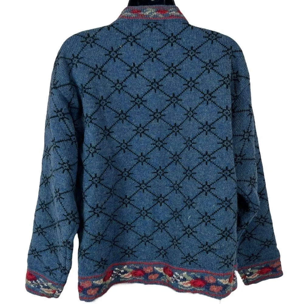 Vintage Icelandic Design Floral Embroidery Wool Cardigan Sweater Blue Size M - Image 11