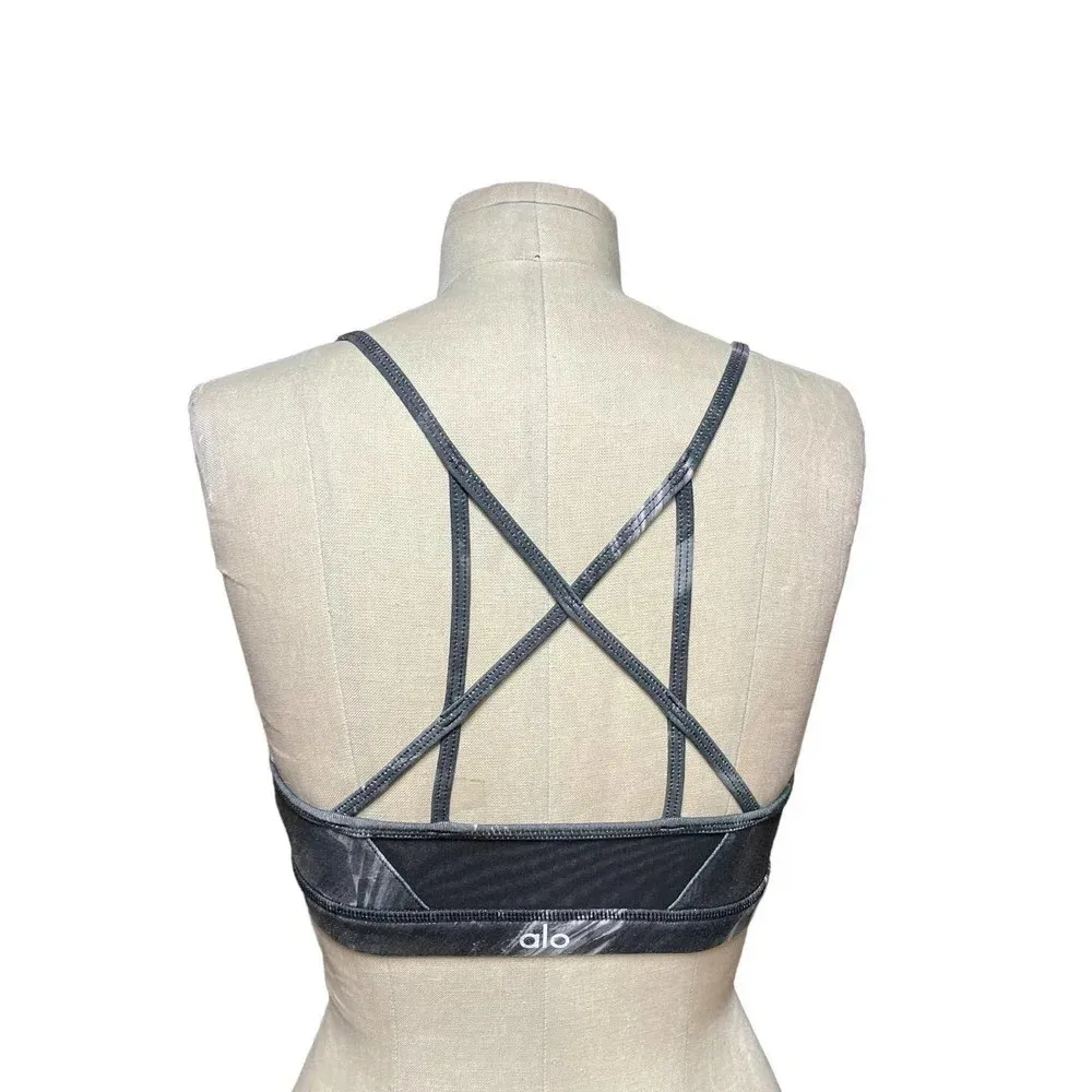 Alo Yoga Goddess Sports Bra Mesh Abstract Print Crisscross Gray Black Size Small - Image 5