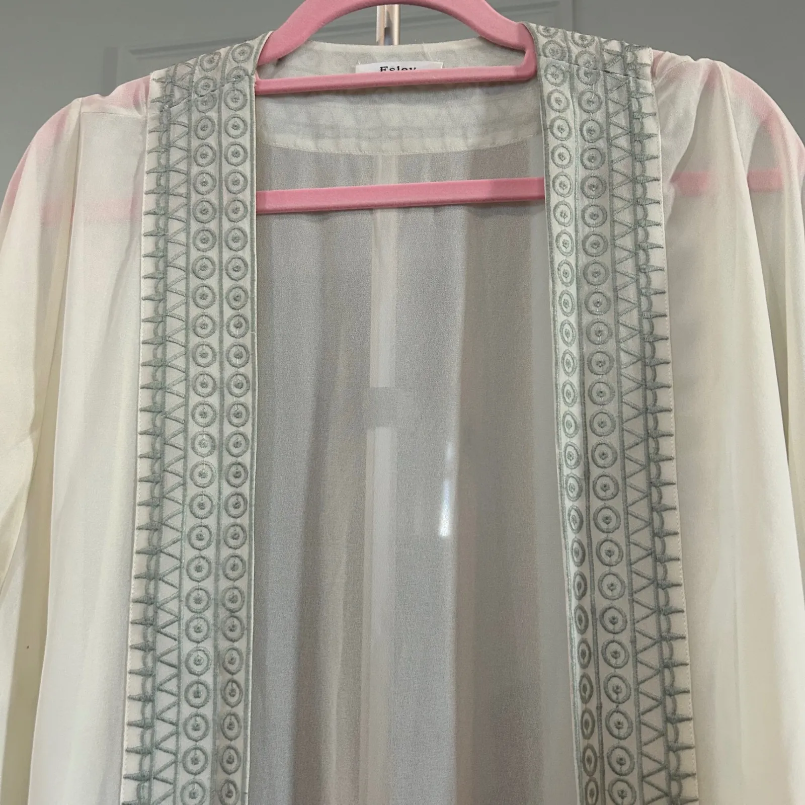 Easley Kimono Fringe Trim Open Front Cover Up Bohemian Sheer‎ Cream One Size - Image 2