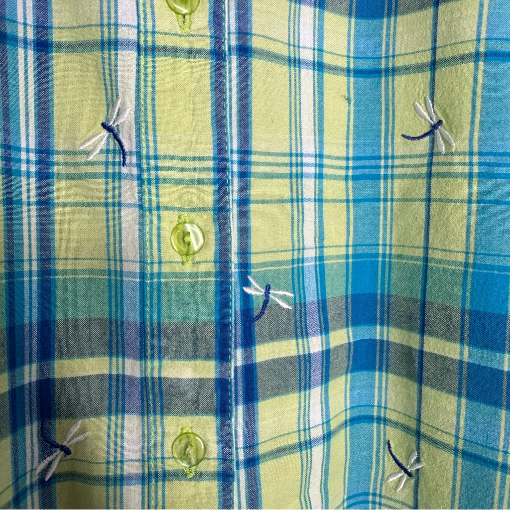 Vintage Bobbie Brooks Sz M 100% Cotton Dragonfly Button Up Green/Blue Plaid Blue Size M - Image 9