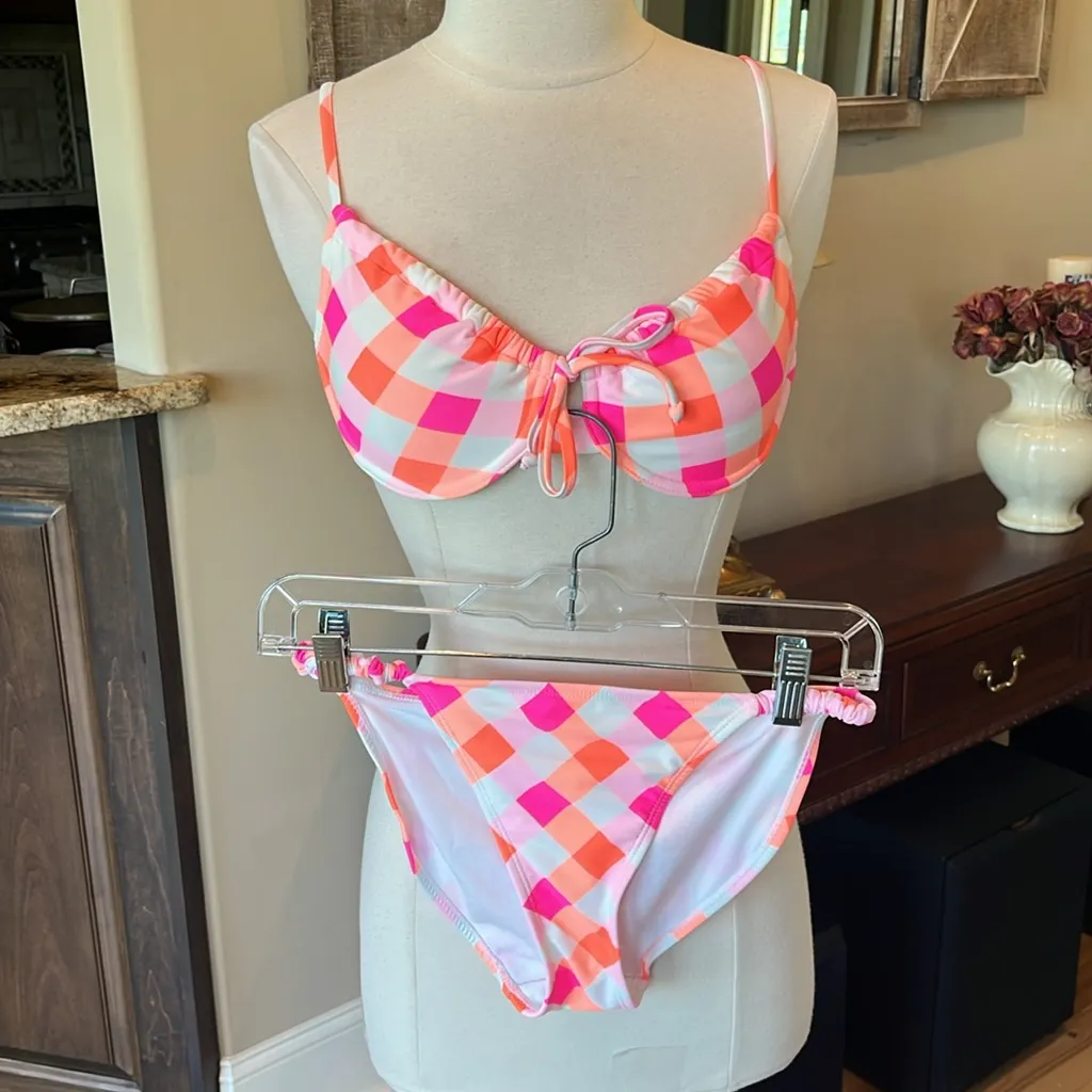 Bikini Set Neon Orange Pink White Checkerboard Top Small Bottoms Medium Size undefined - Image 3