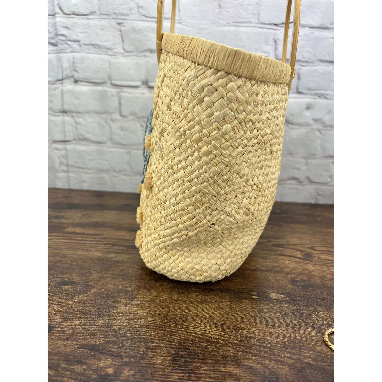 Cappelli Vintage Woven Straw Bag Purse Retro Boho Beach Turtle Wooden Handles - Image 3