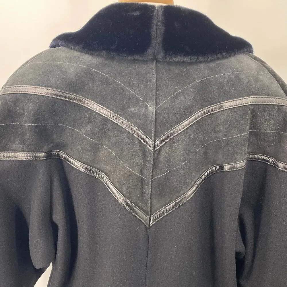Vintage Wool Coat Oversized Faux Fur Collar Suede Leather Detail Black Womens XL - Image 7