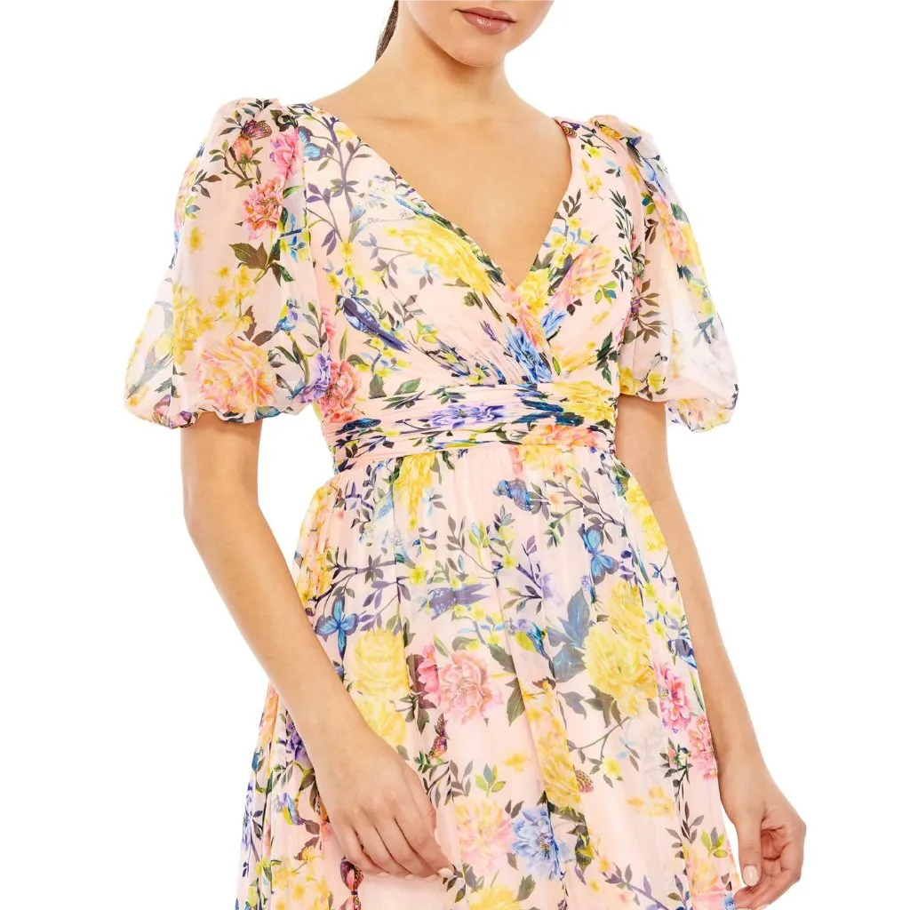NWT Mac Duggal 68247 Floral Chiffon Puff Sleeve Tiered Hem Dress Size 22 - Image 3