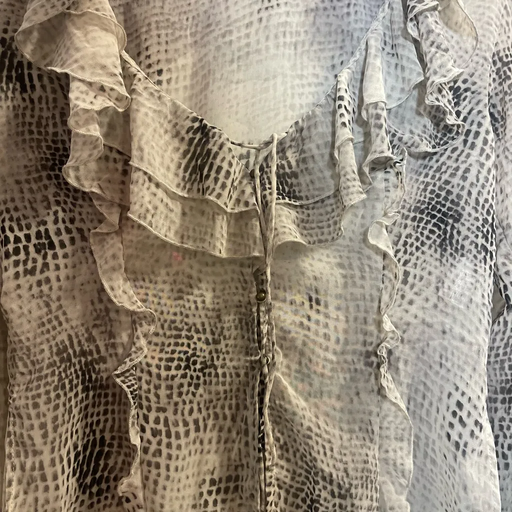 Zara Womens Gray Snake Print V Neck Ruffle Blouse 3/4 Sleeves Sheer Boho Fairy 🐍 - Image 2